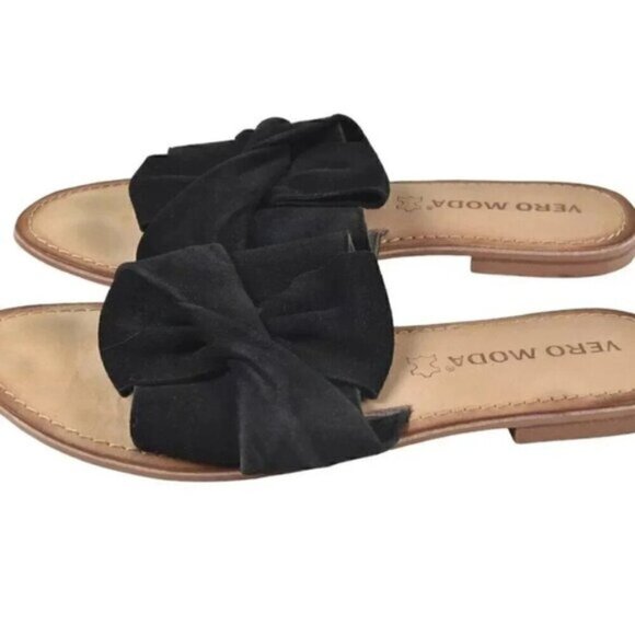 Vero Moda Sandals Black Suede Bow Slides Size 8 - Picture 2 of 8